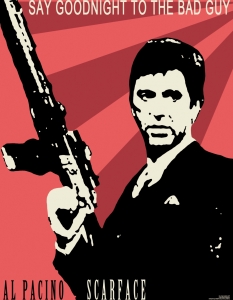 Scarface ("Белязаният")
Римейкът на Scarface, който Брайън Де Палма прави през 1983 г., е не само един от най-добрите филми на 80-те години, а и сред най-емблематичните изпълнения на култовия Ал Пачино (Al Pacino). 
Актьорът не само стъпва в големите обувки на Пол Муни, изиграл Тони Монтана в оригинала, а дори успява да надмине изпълнението му в тази доста по-брутална и кървава версия на Scarface.